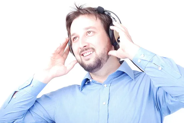Szczęśliwy człowiek ze słuchawkami — Zdjęcie stockowe