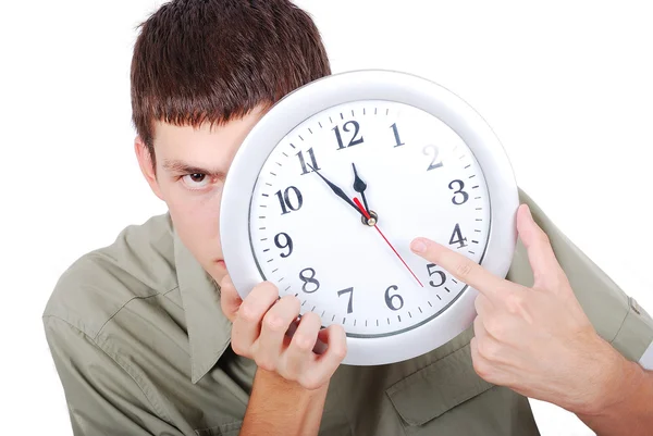 Young male model with clock in front of his head — Stock Photo, Image