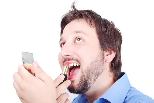 Homme qui se maquille sur la lèvre Photos De Stock Libres De Droits