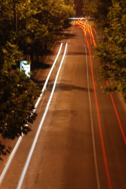 gece ağaçların arasındaki yol üzerinde trafik