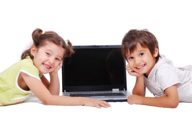 Chidren activities on laptop isolated in white clipart