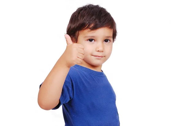 Adorable enfant avec pouce levé et expression mignonne du visage — Photo