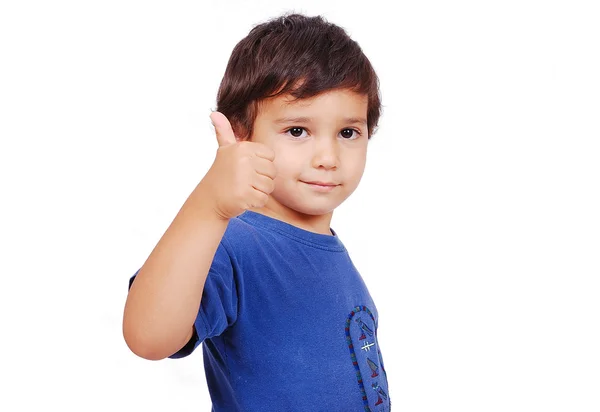 Adorable kid with thumb up and cute face expression — Stock Photo, Image