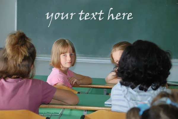 Classroom at school and text on green board — Stock Photo, Image