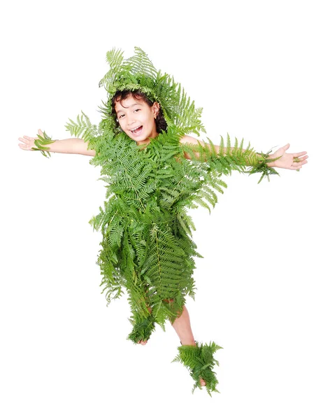 Pretty little girl dressed in green plant leafs — Stock Photo, Image