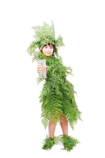 Pretty little girl dressed in green plant leafs — Stock Photo, Image