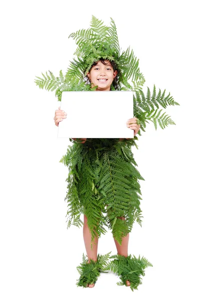 Pretty little girl dressed in green plant leafs advertisting — Stock Photo, Image