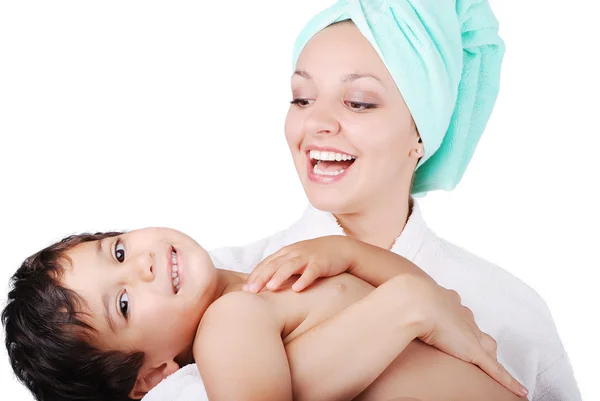 Young mother and her son after taking a bath — Stock Photo, Image