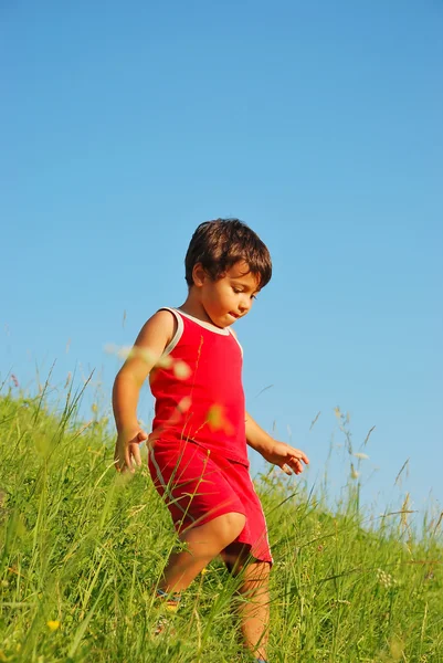 Heureuse enfance inoubliable sur la prairie verte contre le ciel bleu — Photo