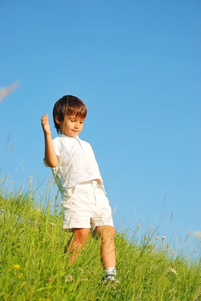 Felice infanzia indimenticabile sul prato verde contro il cielo blu — Foto Stock