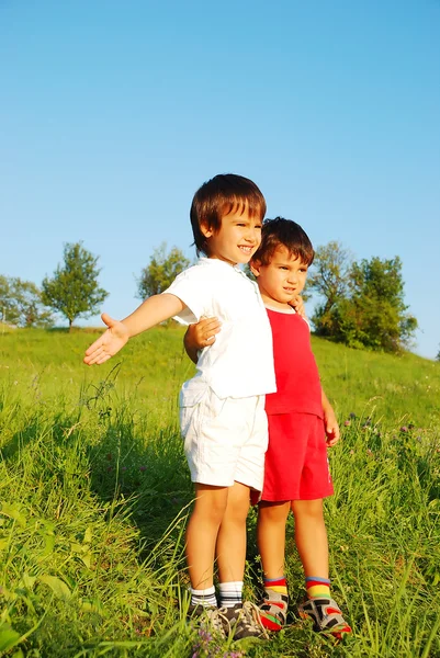 Pequenas crianças bonitos no belo campo verde — Fotografia de Stock