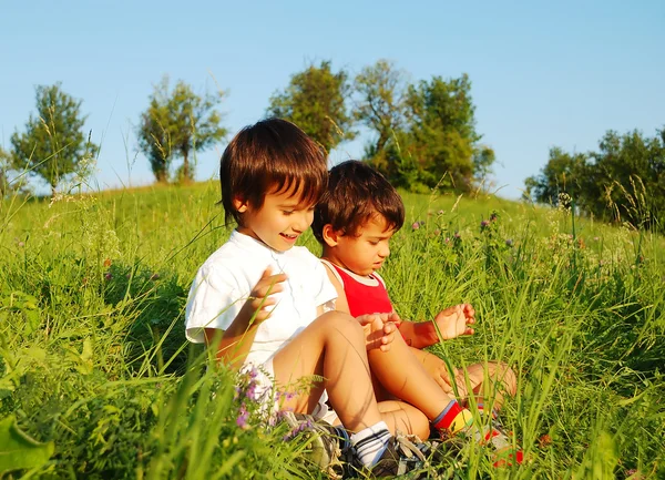 Pequenas crianças bonitos no belo campo verde — Fotografia de Stock