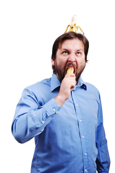 Joven volando su cerebro con plátano — Foto de Stock