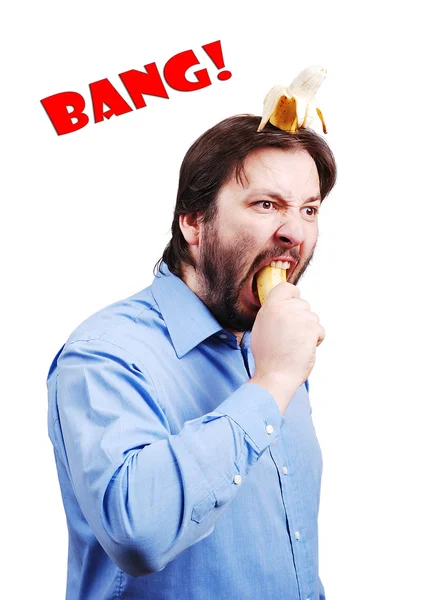 Joven volando su cerebro con plátano — Foto de Stock