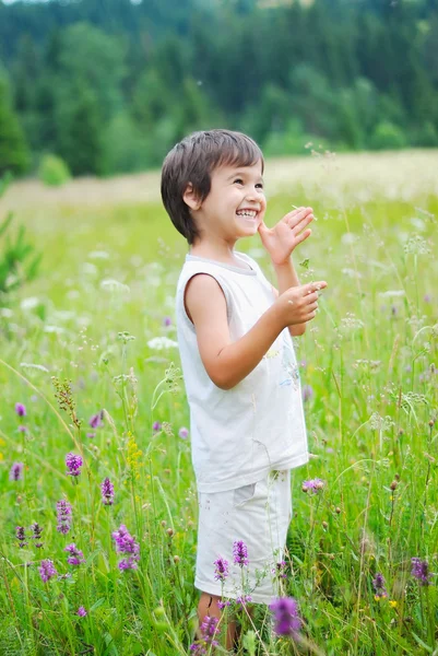 Sevimli küçük çocuk doğanın yeşil çimenlerin üzerinde Stok Fotoğraf