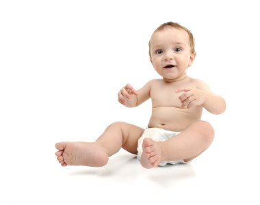 Beyaz arka plan üzerinde izole güzel şirin mutlu bebek. bezi, mesajınız için geniş boşluk.