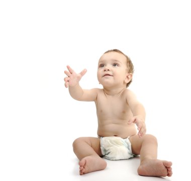 Beyaz arka plan üzerinde izole güzel şirin mutlu bebek. bezi, mesajınız için geniş boşluk.