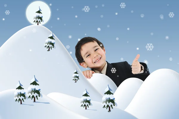 Foto conceptual combinada con ilustración. Año nuevo, invierno y nieve, niño y felicidad para su tarjeta . — Foto de Stock