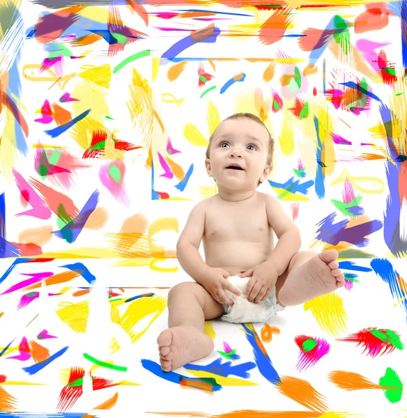 Baby in room with colors on walls and floor, on white — Stock Photo, Image