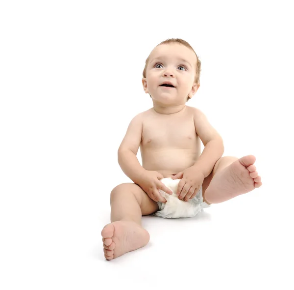 Hermoso bebé feliz lindo aislado sobre fondo blanco. Usando pañal, gran espacio de copia para su mensaje . — Foto de Stock