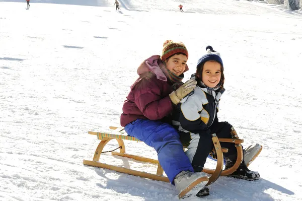Ευτυχισμένα παιδιά με έλκηθρο στο χιόνι, mountaint πάρκο — Φωτογραφία Αρχείου