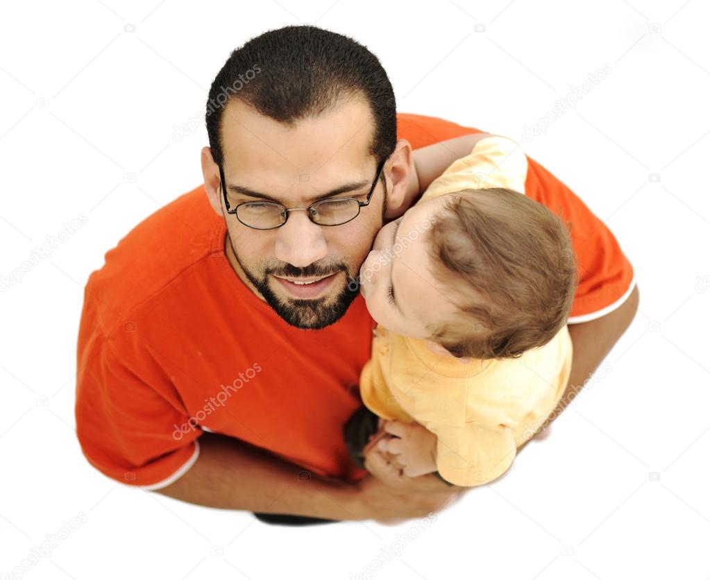 Kissing, father and baby son, playing together, isolated, different angle of shooting