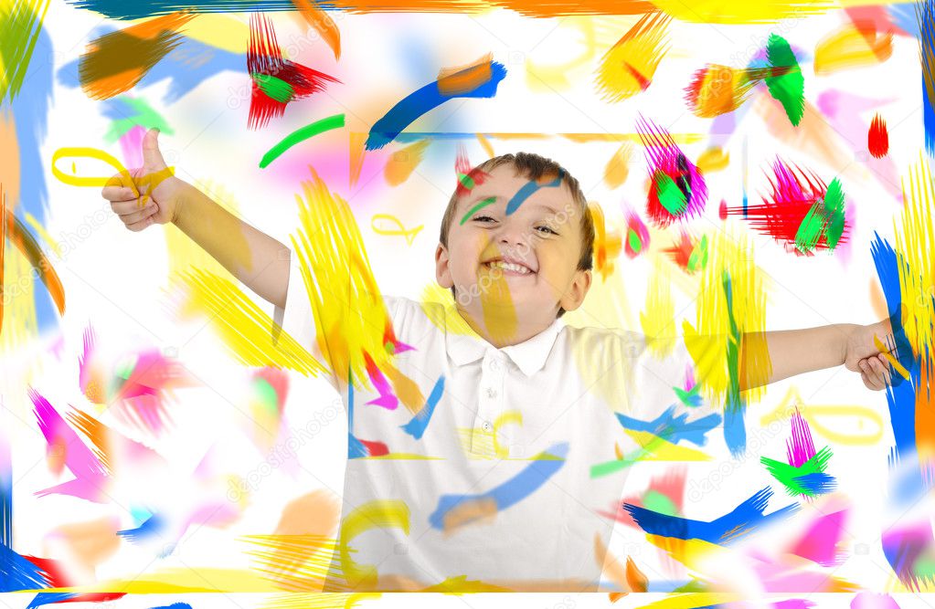 Happy child with thumbs up in colors, space, room