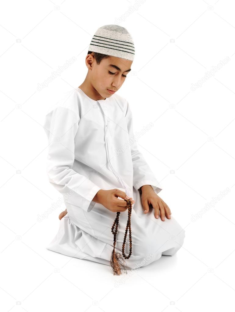 Islamic pray explanation full serie. Arabic child showing complete Muslim movements while praying, salat. Please look for another 15 photos in my portfolio.