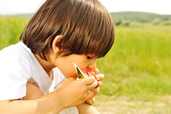 Söt liten pojke som äter vattenmelon på gräset under sommaren — Stockfoto