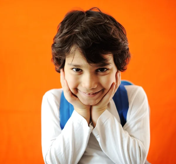 Little school cute boy with backpack — Stock Photo, Image