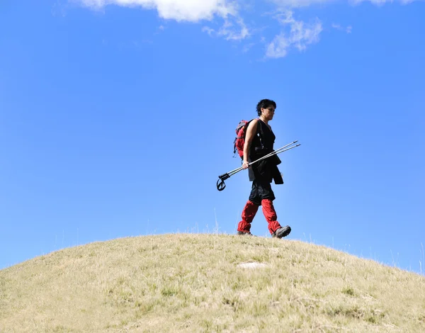 Esporte andando na colina bola mulher trekking — Fotografia de Stock