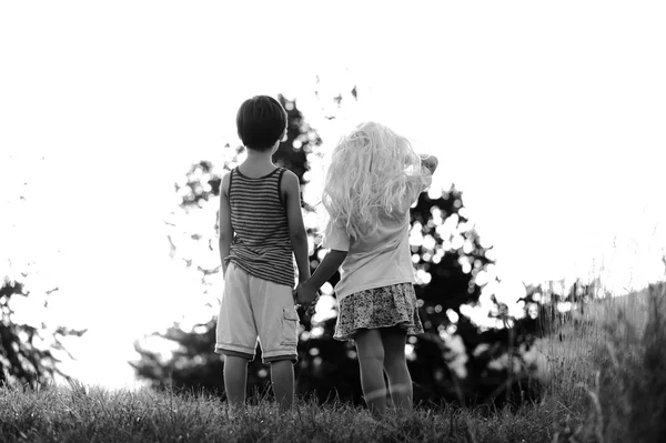 De gelukkige kinderen in de natuur bij zonsondergang — Stockfoto