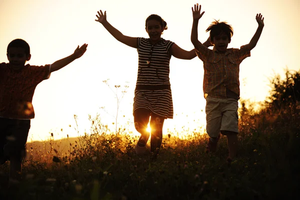 Glückliche Kinder in der Natur bei Sonnenuntergang — Stockfoto