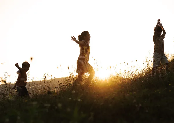 Enfants heureux dans la nature au coucher du soleil — Photo