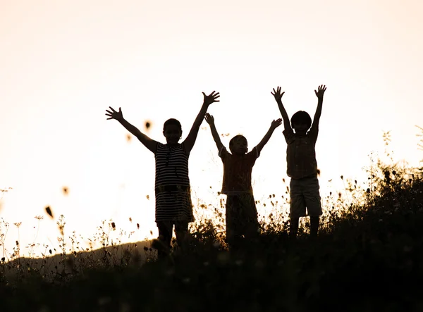 Crianças felizes na natureza ao pôr do sol — Fotografia de Stock