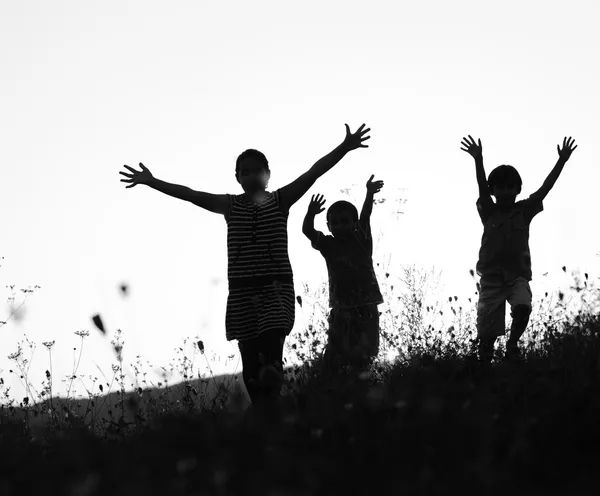 Happy children in nature at sunset — Stock Photo, Image