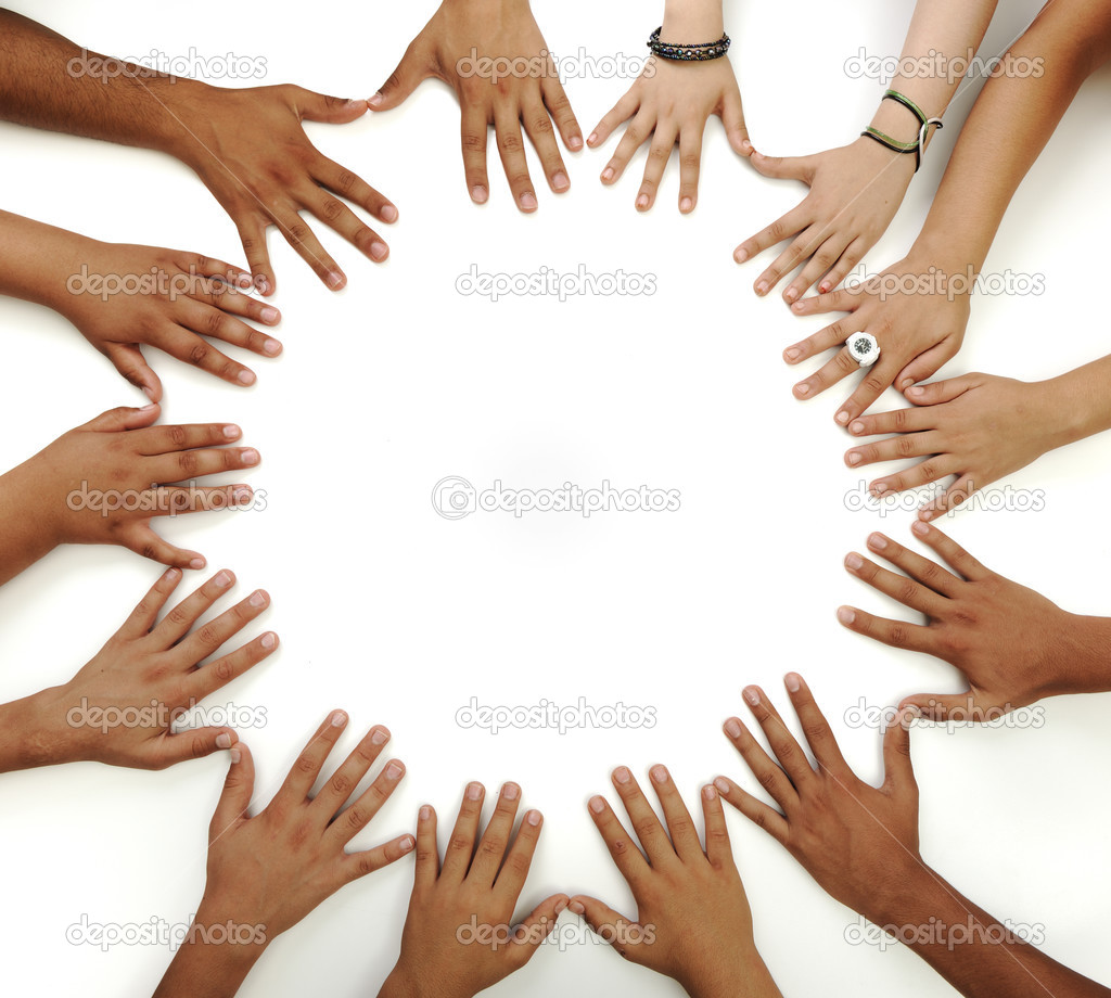 Many hands on white background