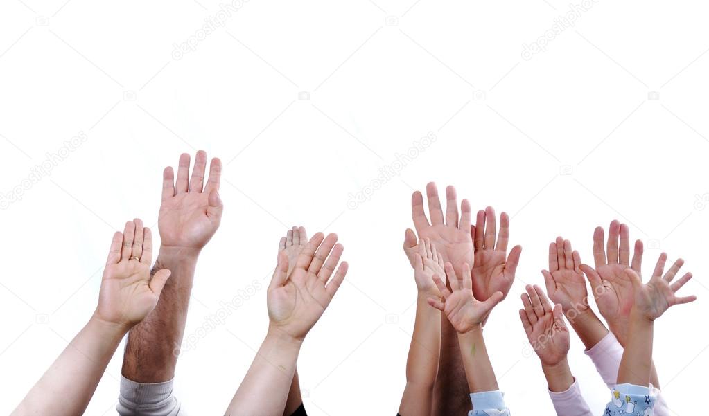 Hands arms up on white copy space
