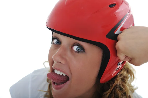 Lustiges Mädchen mit rotem Helm — Stockfoto