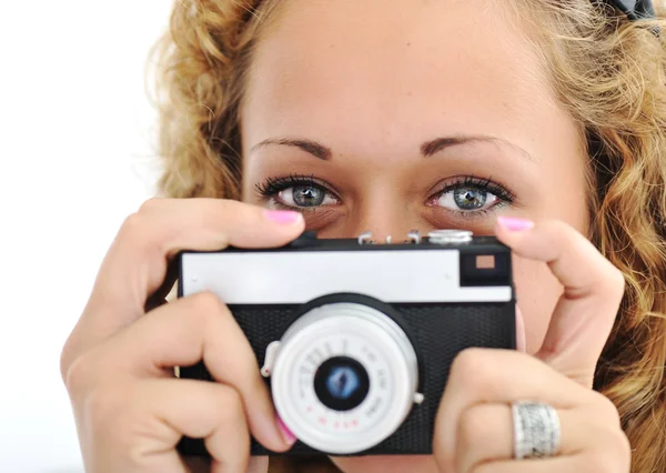 Menina bonito com câmera isolada — Fotografia de Stock