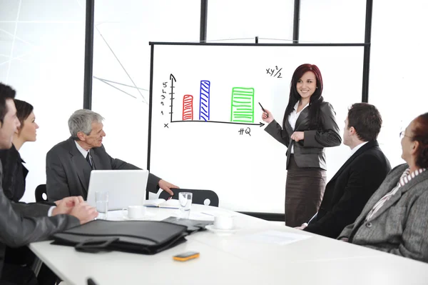 Reunião de negócios - grupo de no escritório na apresentação com flipchart — Fotografia de Stock