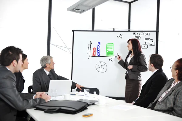 Negocios sentados en la presentación en la oficina. Mujer de negocios presentándose en pizarra blanca . — Foto de Stock