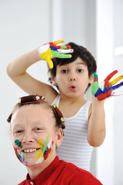 Mother play color hands son kid — Stock Photo, Image