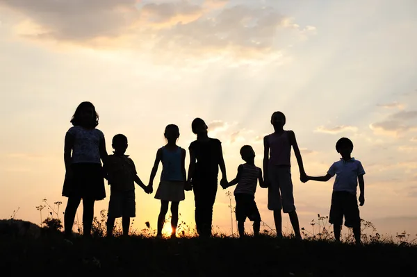 Gruppo di bambini felici che giocano sul prato, tramonto, estate — Foto Stock