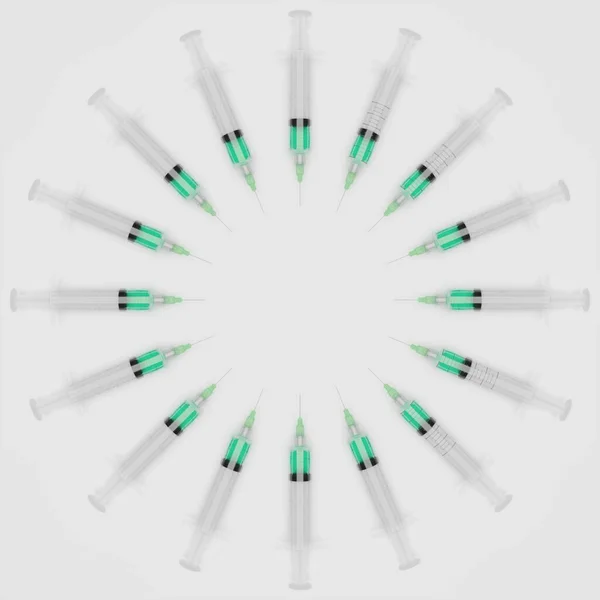 Círculo feito de muitas seringas. Cuidados de saúde, medicamentos, teste médico ou renderização 3D relacionada à vacinação — Fotografia de Stock