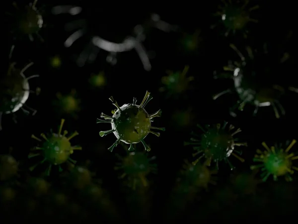 Coronavirus, striscione nero con rottura verde molecola di coronavirus. — Foto Stock