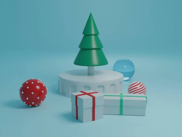 3D - Albero di Natale con regali e decorazioni su nero — Foto Stock