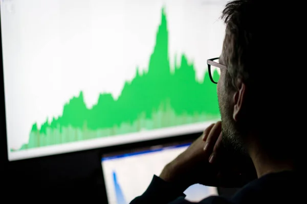 Crypto comerciante inversor analista mirando la pantalla del ordenador analizando datos gráficos financieros en PC — Foto de Stock