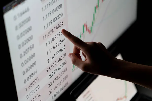 Kryptotrader investoranalytiker som ser på dataskjerm som analyserer finansielle grafiske data på PCc stockbilde