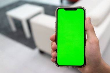 Modern oturma odasını, boş yeşil ekranlı cep telefonuyla akıllı bir ev vasıtasıyla verin.